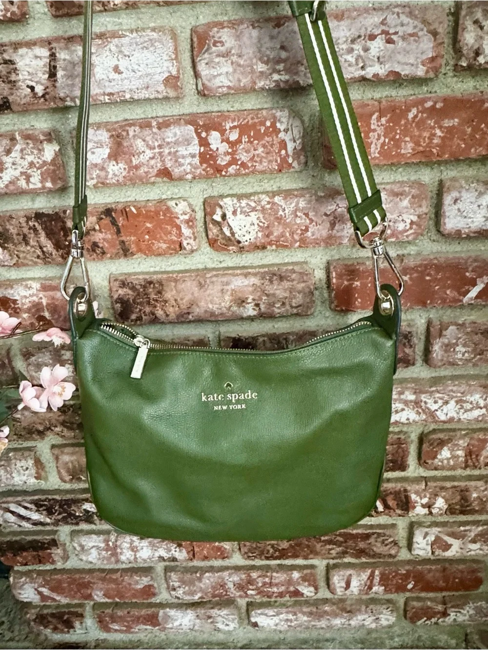 kate spade Olive Green Pebbled Leather Crossbody with Striped Strap